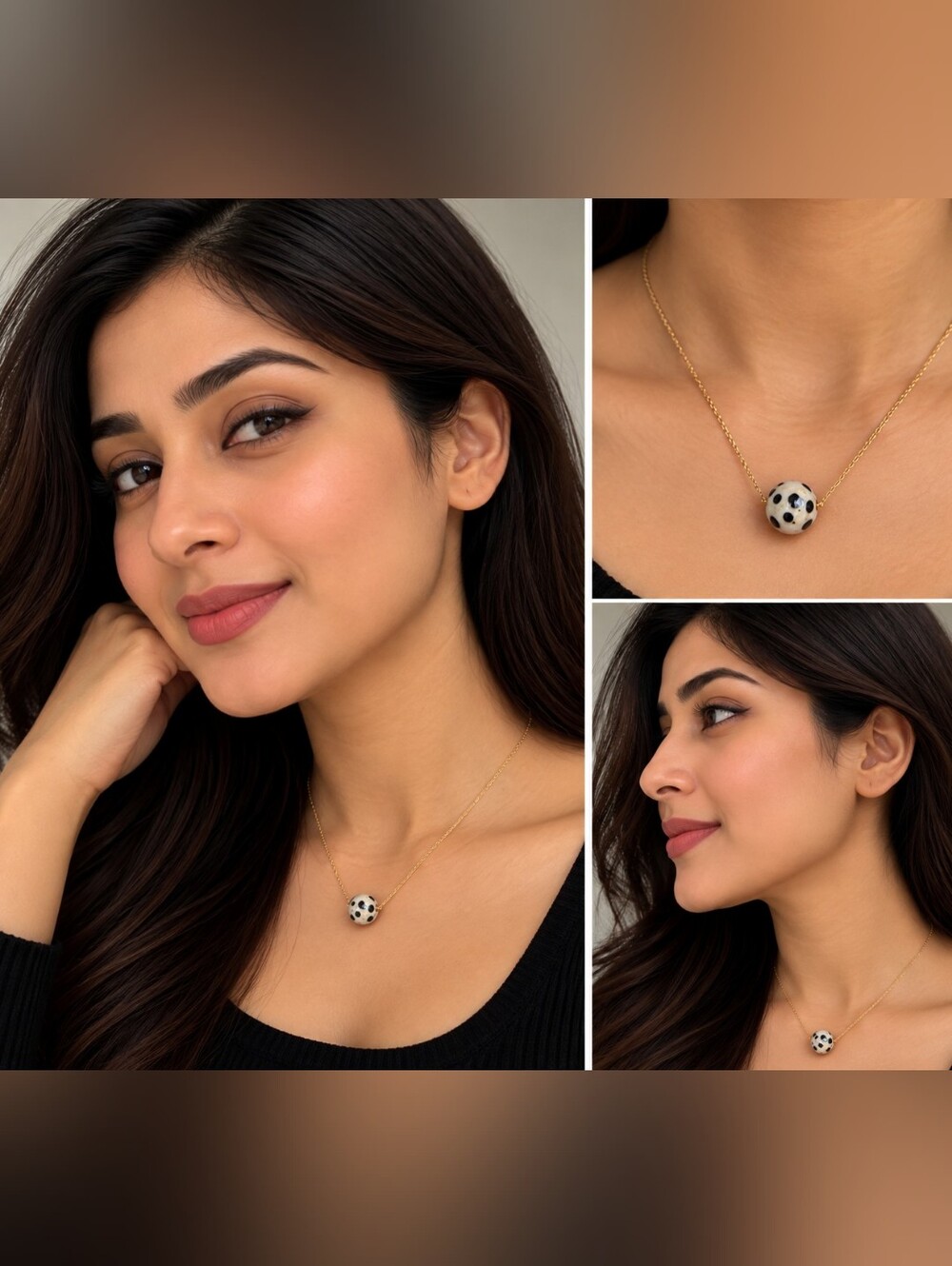 Gold Chain Necklace with Pearly and Black Dotted Pendant